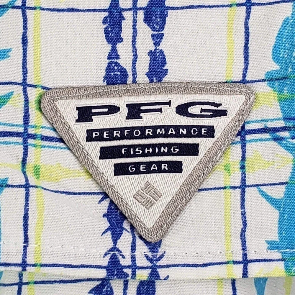 Columbia PFG Shirt Men Size XL Yellow Blue Fish Plaid Vented Short Sleeve Button